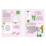 Book spread about Hydrogen with fun facts, illustrated molecules, a cake, and a glass of water on a pink background.
