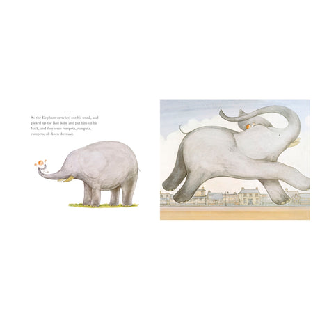 An elephant lifts a small red-haired baby with its trunk on the left. On the right, the elephant joyfully runs down a street with the baby on its back.