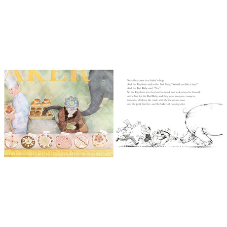 An elephant and a small creature visit a bakery with a baker on the left, offering pastries. To the right, black-and-white sketches show them running away with pastries, followed by others. Text on the right accompanies the scene.