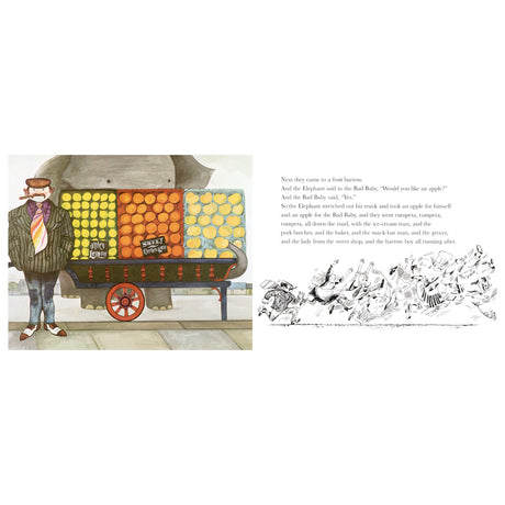 Illustration shows a fruit vendor with an elegant mustache and hat, standing by a cart filled with lemons and oranges. Text and a lively crowd follow an elephant.