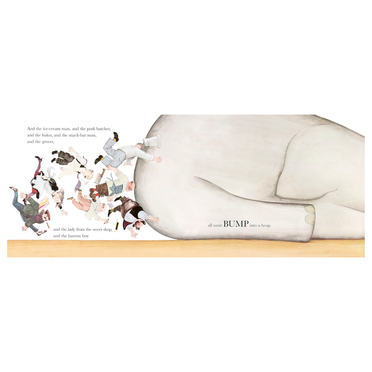 A group of people collides with an elephant's side, tumbling in various directions. The scene is chaotic and humorous, with playful energy.