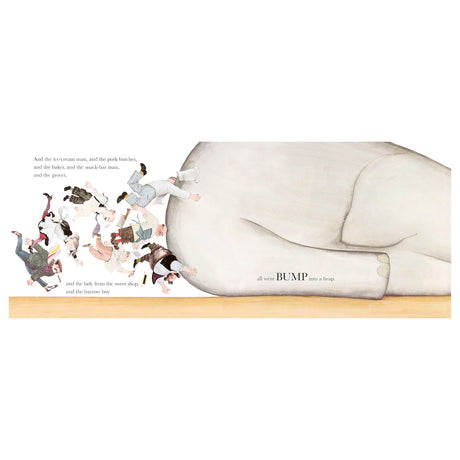 A group of people collides with an elephant's side, tumbling in various directions. The scene is chaotic and humorous, with playful energy.
