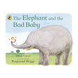 Cover of "The Elephant and the Bad Baby" shows a large, gray elephant lifting a smiling baby with its trunk. Green landscape and blue sky in the background.