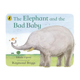 Cover of "The Elephant and the Bad Baby" shows a large, gray elephant lifting a smiling baby with its trunk. Green landscape and blue sky in the background.