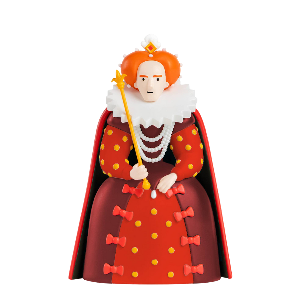 A playful, colorful figure of a queen in a red dress with yellow dots and bows, holding a scepter, surrounded by a white ruffled collar, set against a white background.