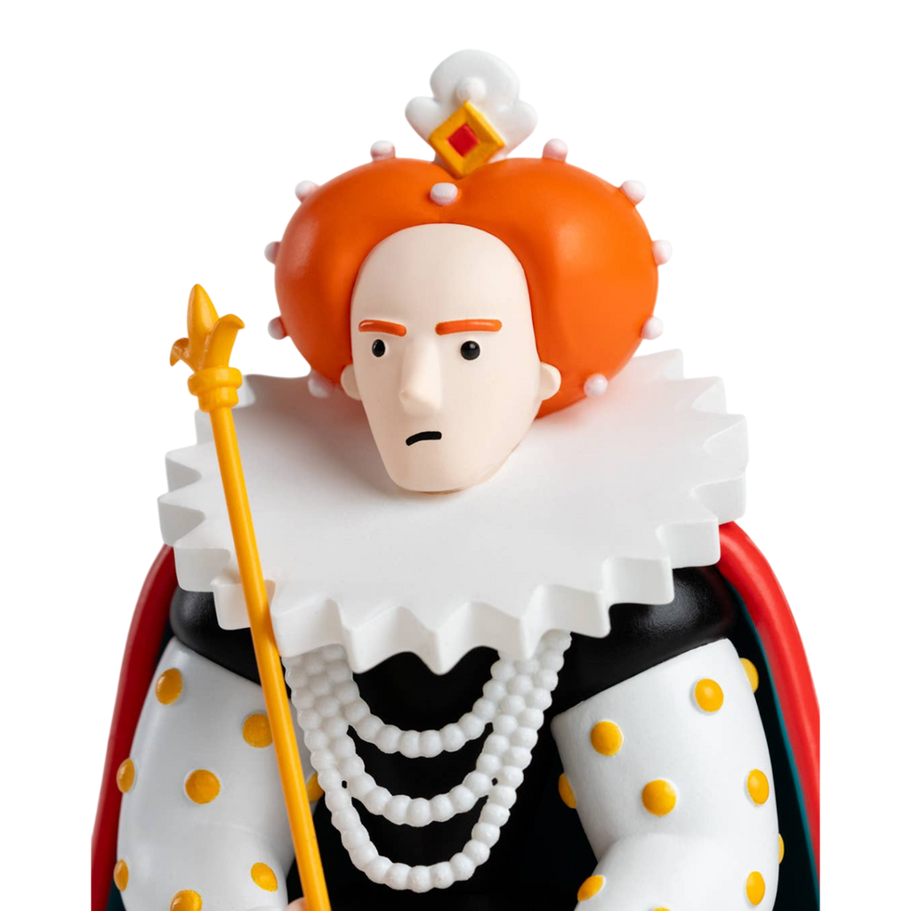 A stylized sculpture of a monarch with a stern expression, featuring an orange, pearl-adorned hairstyle, ornate ruff, and holding a golden scepter.