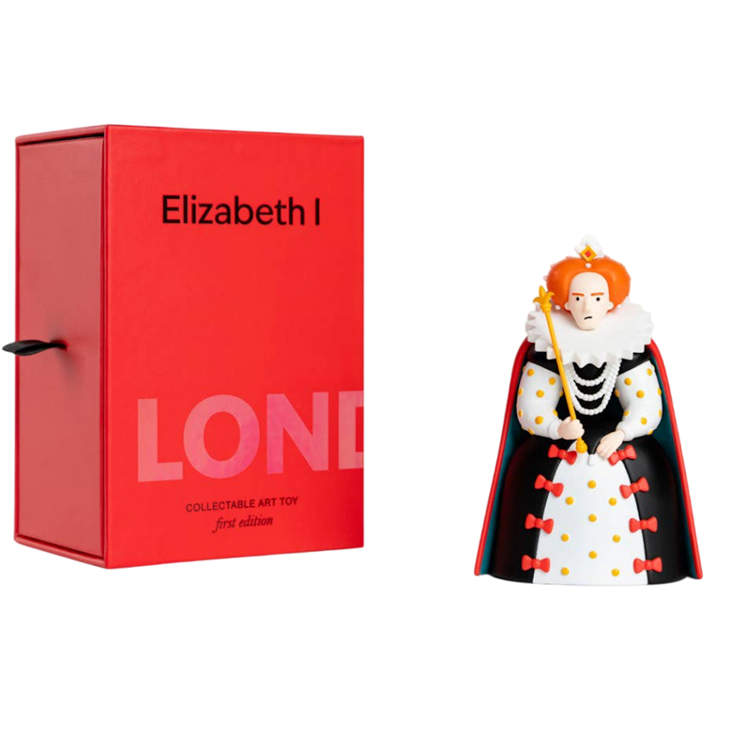 Packaging and collectible toy of Queen Elizabeth I, featuring a red box labeled "Elizabeth I, LOND," and a detailed, colorful figurine.