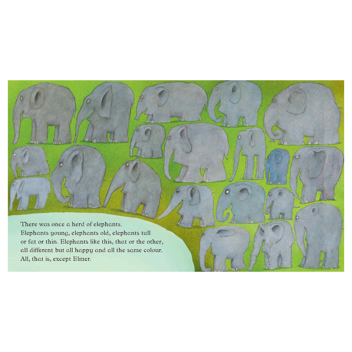 Illustration of a herd of grey elephants in a field with text from the Elmer children's book by David McKee.