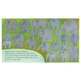Illustration of a herd of grey elephants in a field with text from the Elmer children's book by David McKee.