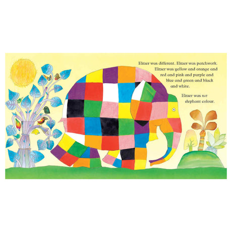 Colorful patchwork elephant Elmer from David McKee's book, standing in a vibrant jungle with a yellow sun.
