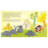 Elmer the patchwork elephant walks past sleeping grey elephants in a colorful jungle scene from a children's book.