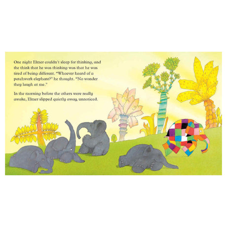 Elmer the patchwork elephant walks past sleeping grey elephants in a colorful jungle scene from a children's book.