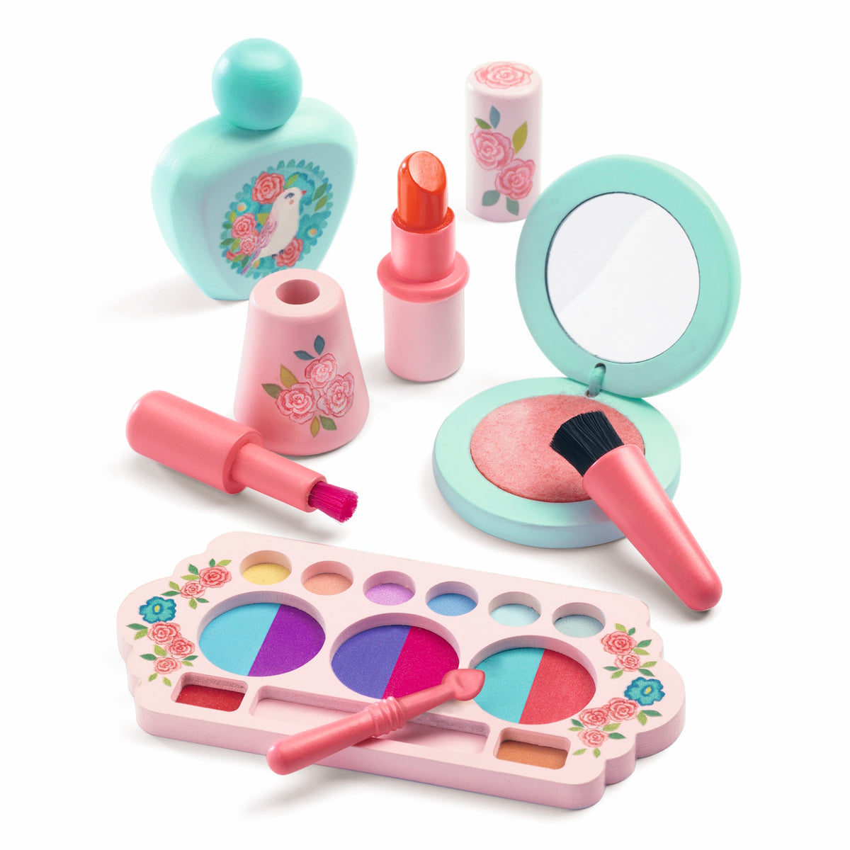 Kids wooden makeup set with floral toy eyeshadow palette, lipstick, and perfume bottle on a white background.