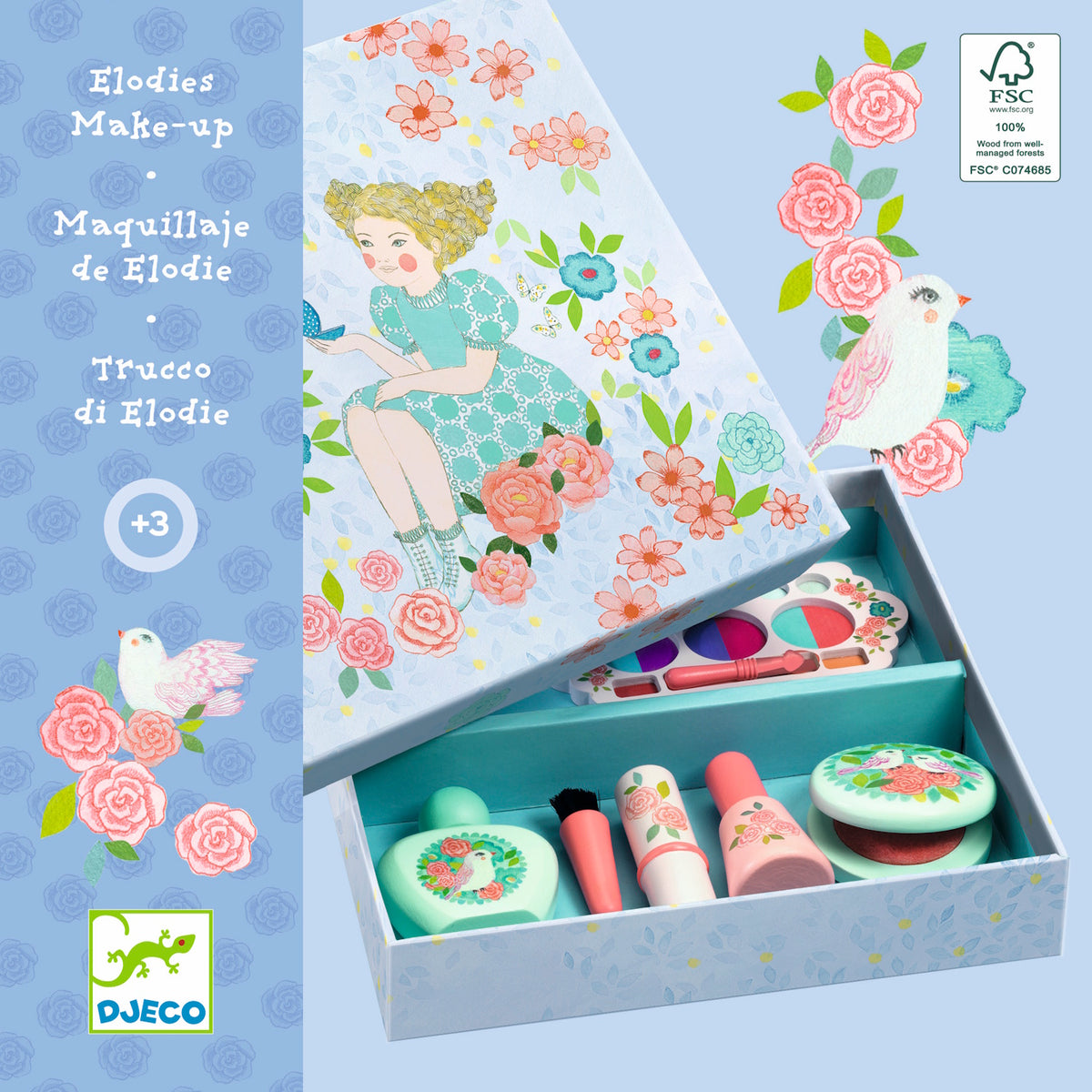 Djeco Elodie’s Make-up: FSC-certified wooden pretend play vanity set with floral illustration box.
