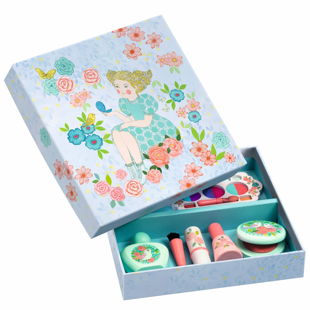 Wooden pretend play makeup set for kids in a floral illustrated vanity box with toy lipstick and palette.
