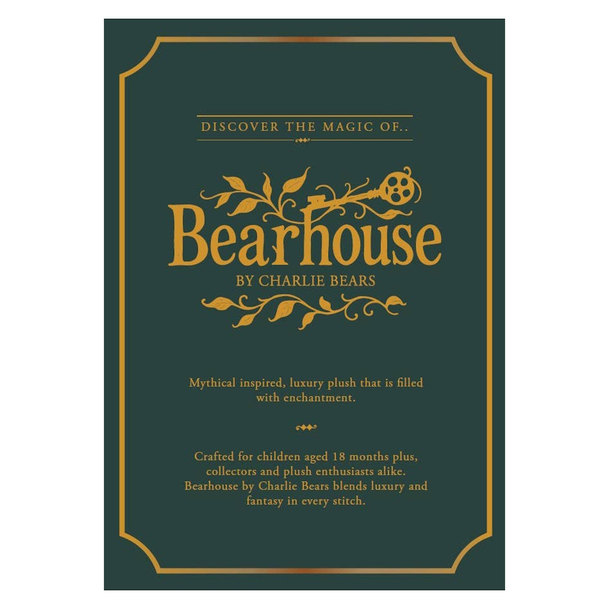 Dark green promotional graphics card with gold border reading "Bearhouse by Charlie Bears" and description text.