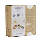 Back of the cardboard packaging box for the Le Toy Van wooden emergency vehicle set.