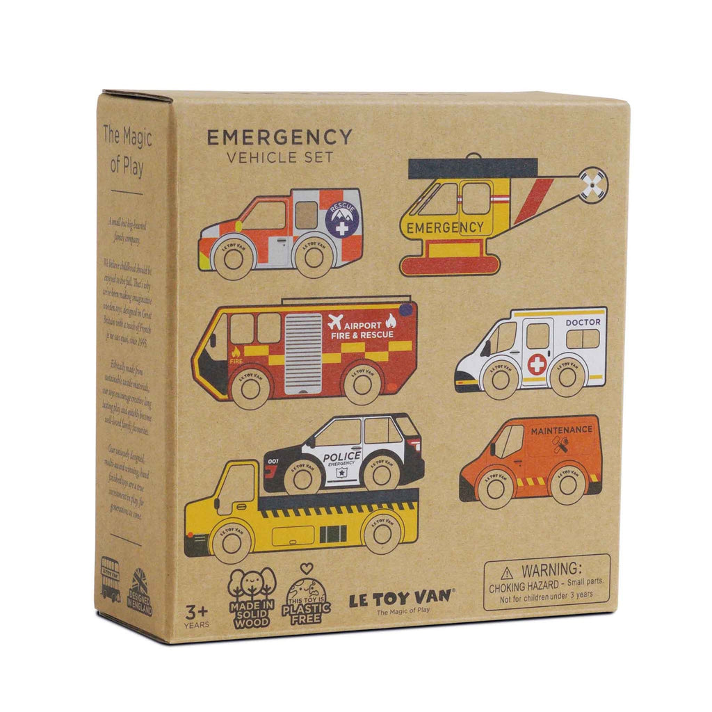 Box of wooden toy emergency vehicles, including a rescue car, helicopter, fire truck, doctor van, police car, and maintenance vehicle. Suitable for ages 3+.