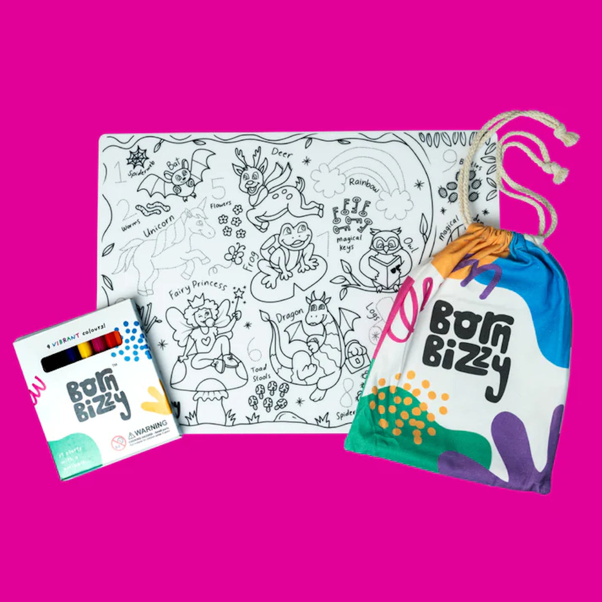 Born Bizzy "Enchanted Garden" coloring set featuring a large illustrated mat, markers, and a colorful canvas bag.