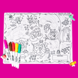 Coloring mat featuring magical creatures and characters, with five colorful markers on a bright pink background.