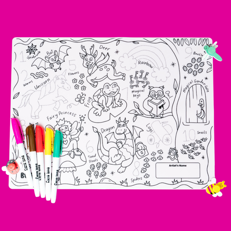 Coloring mat featuring magical creatures and characters, with five colorful markers on a bright pink background.