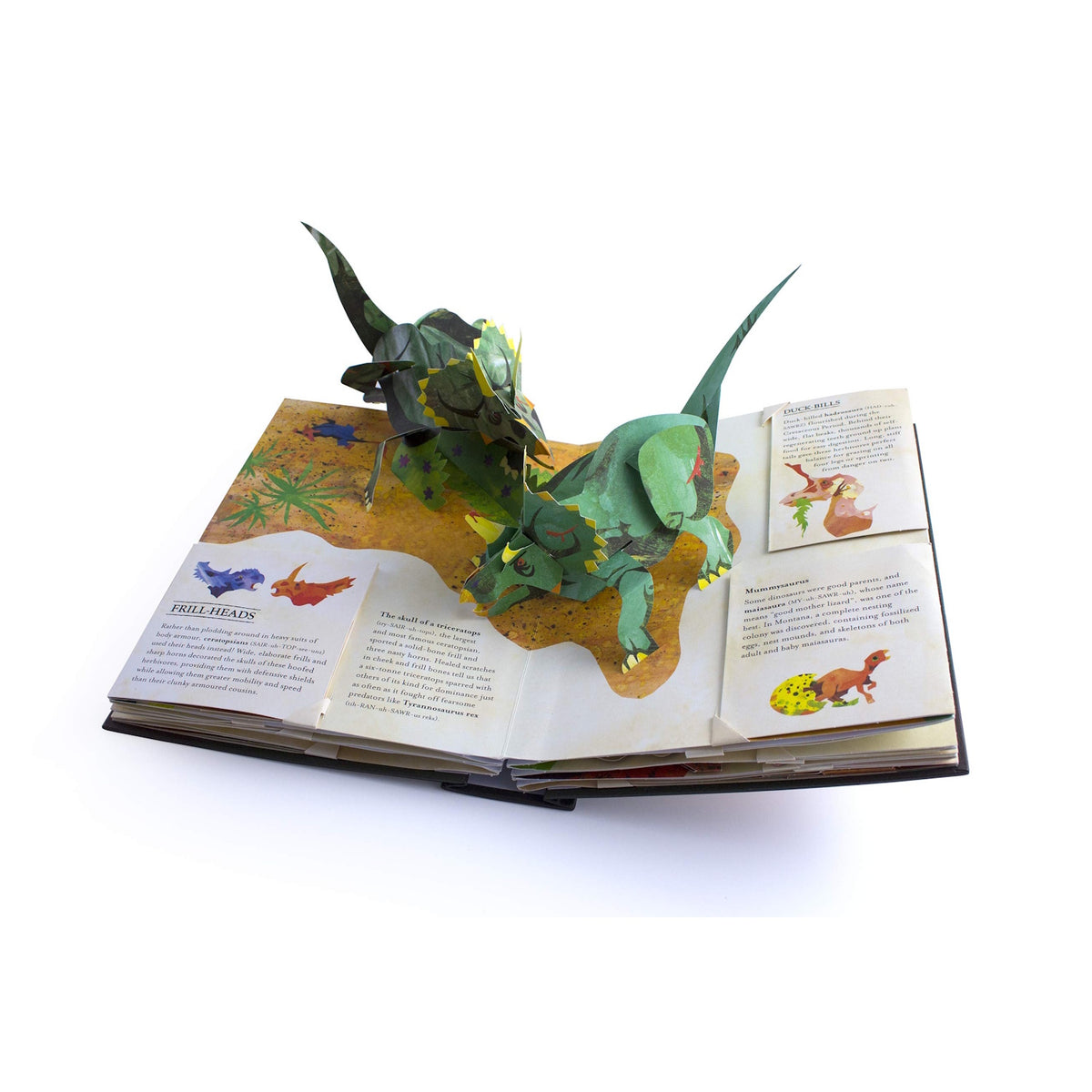 Open pop-up book with a three-dimensional dinosaur emerging. The vibrant green dinosaur has dynamic poses, while text and illustrations fill the pages.