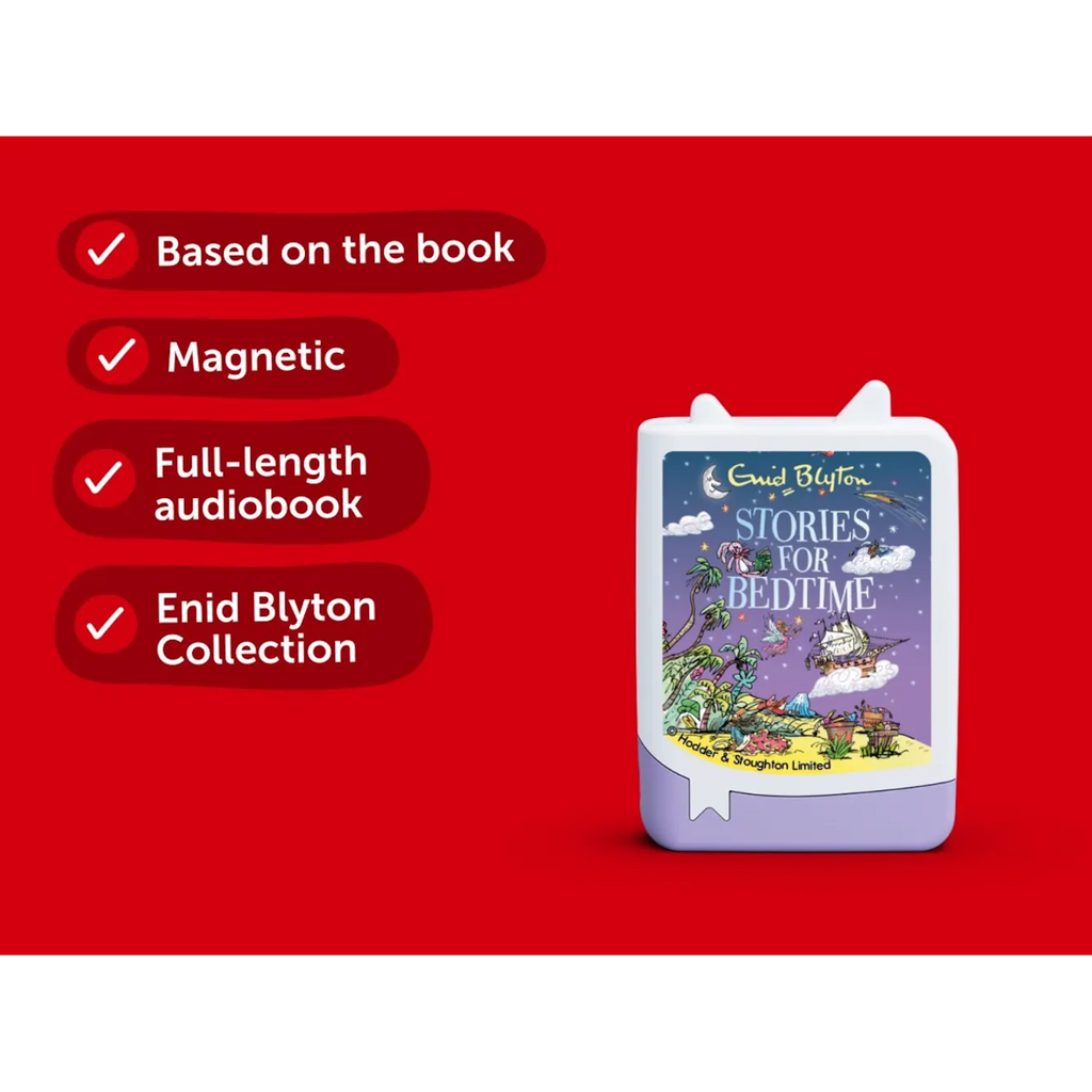 "Stories for Bedtime" by Enid Blyton audiobook, featuring whimsical illustrations of fantastical scenes and characters on a colorful background.