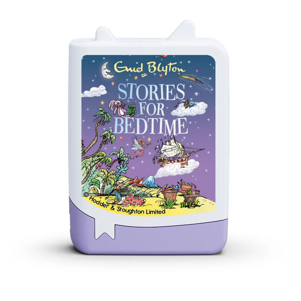 "Stories for Bedtime" by Enid Blyton audiobook, featuring whimsical illustrations of fantastical scenes and characters on a colorful background.
