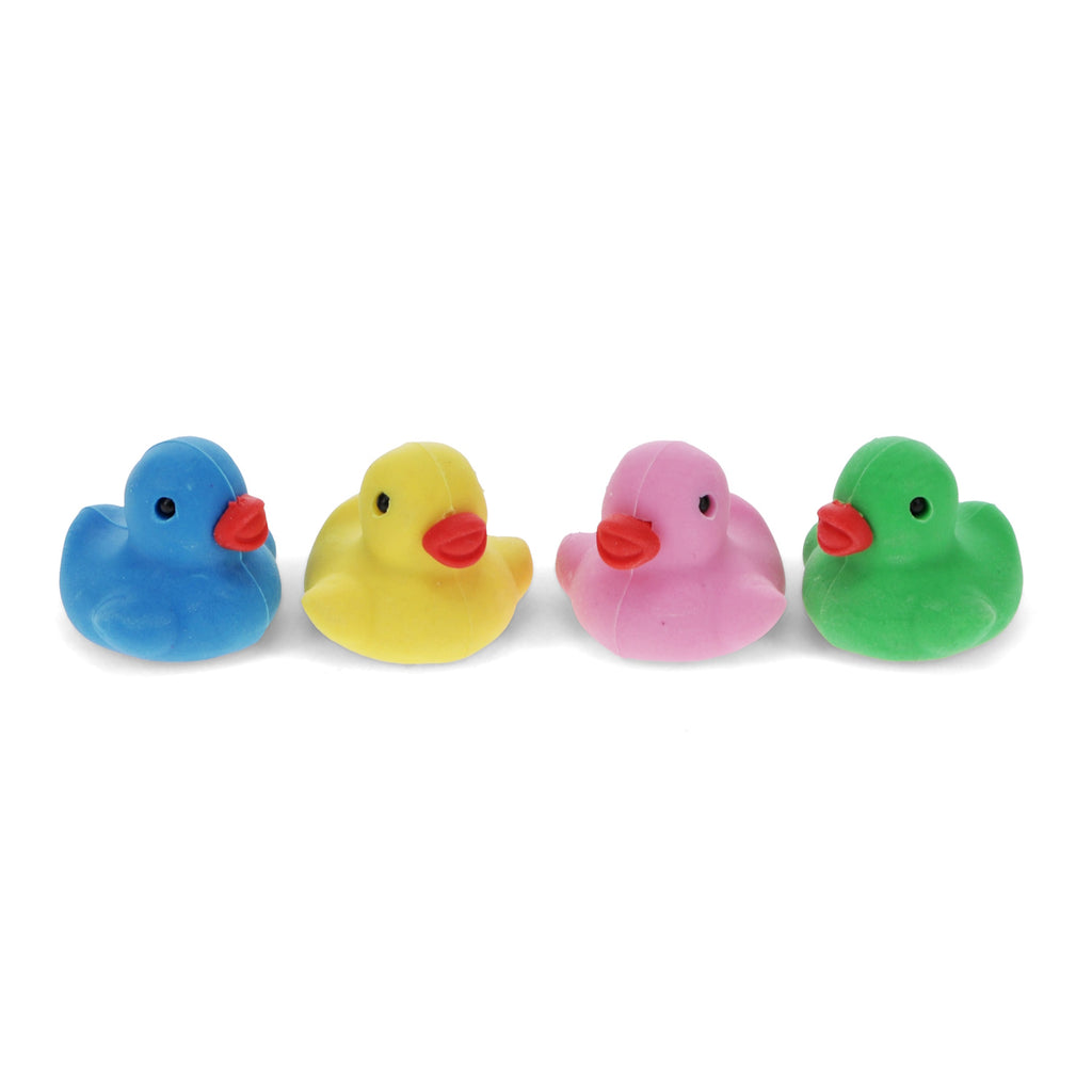A cute collection of duck-shaped erasers in assorted colors, perfect for stationery lovers or kids' pencil cases.