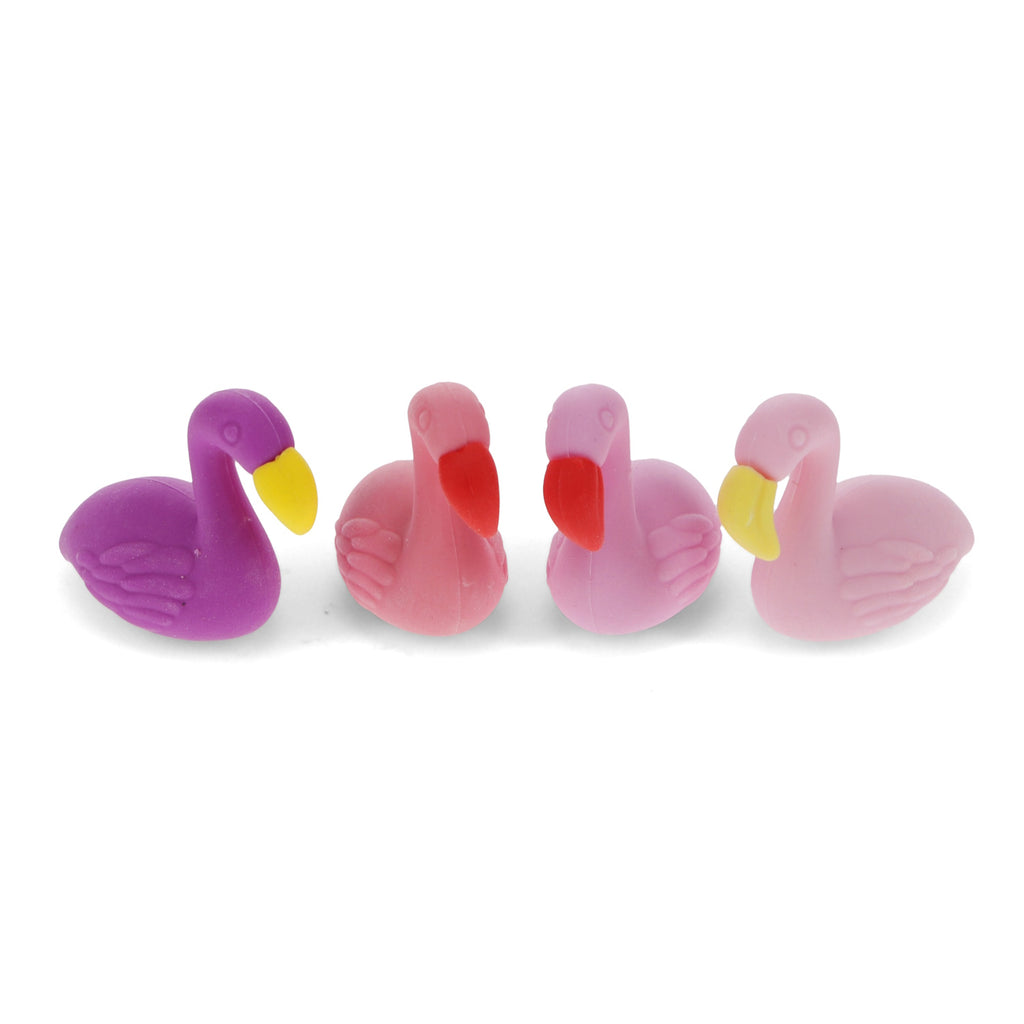 A fun and vibrant set of flamingo-shaped erasers in bright pink, perfect for adding flair to any pencil case.