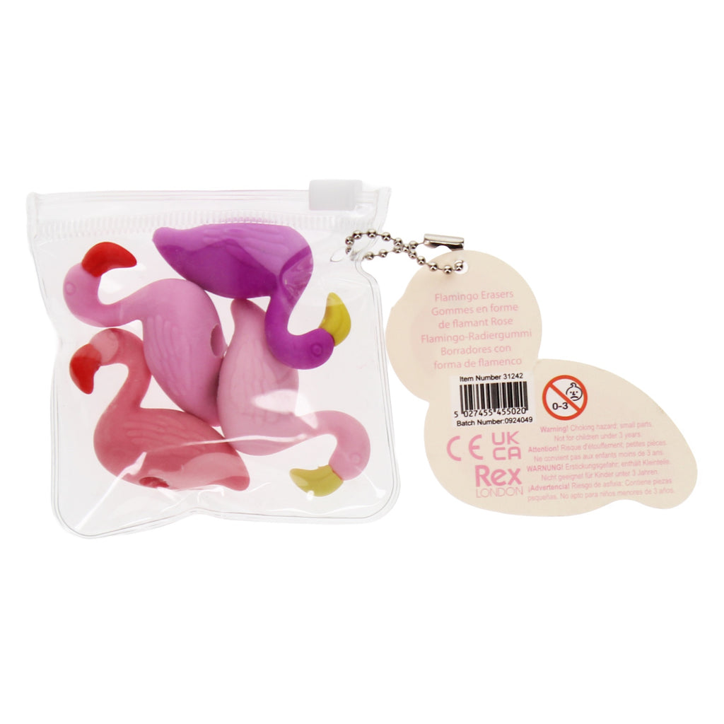 A fun and vibrant set of flamingo-shaped erasers in bright pink, perfect for adding flair to any pencil case.
