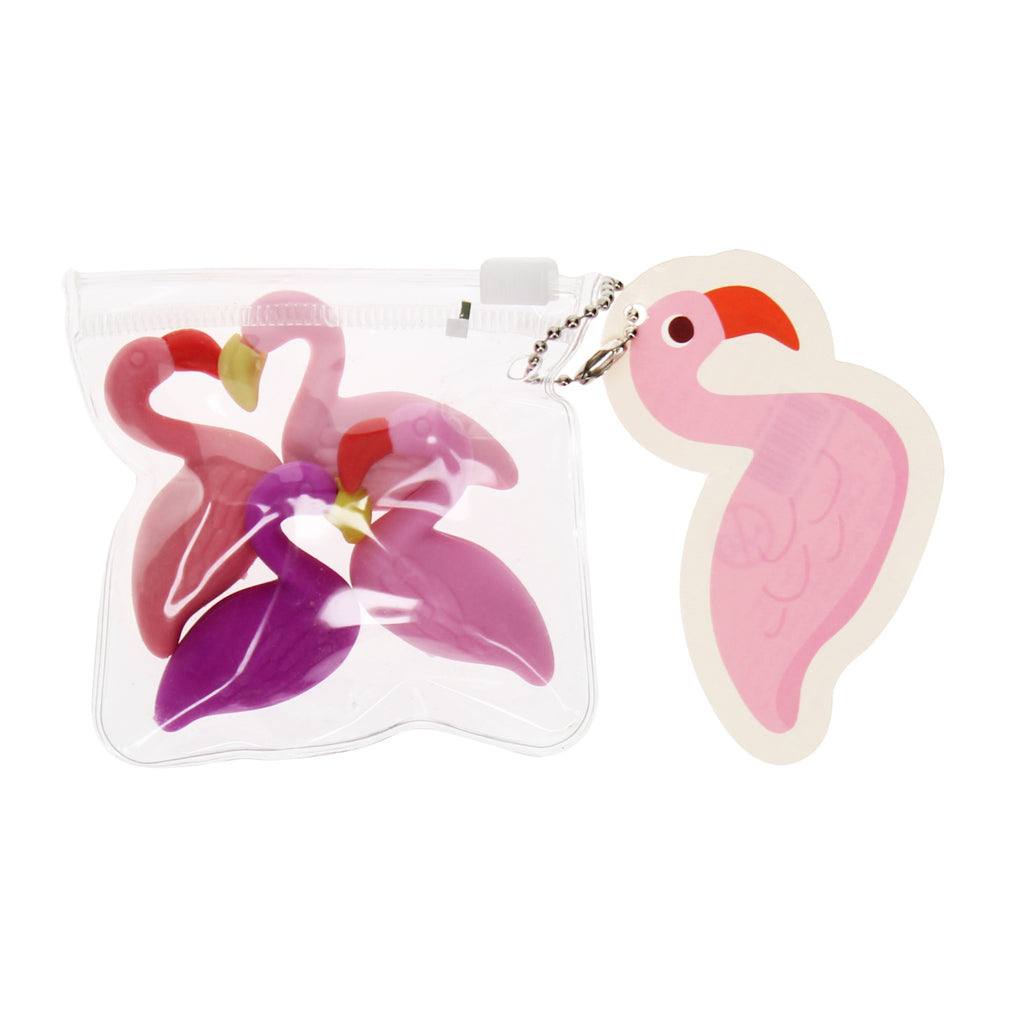 A fun and vibrant set of flamingo-shaped erasers in bright pink, perfect for adding flair to any pencil case.