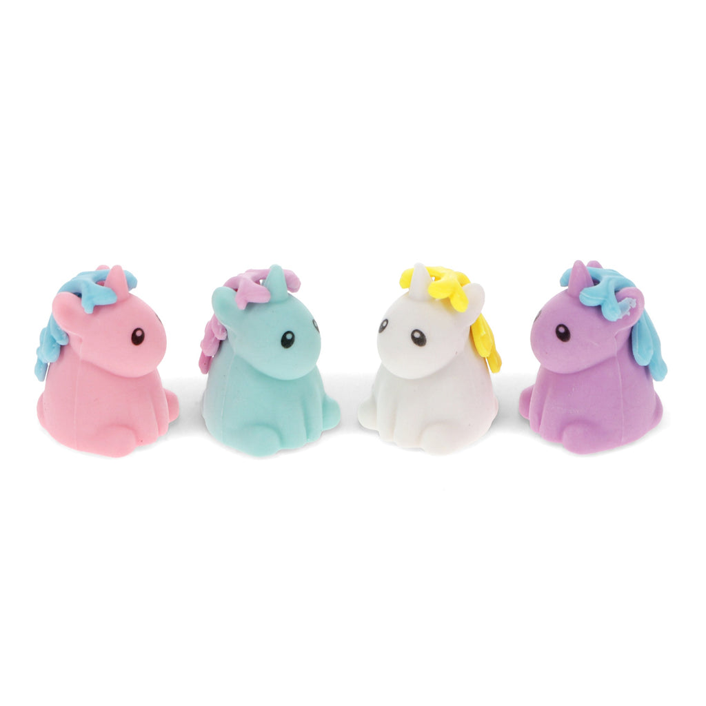 A whimsical set of unicorn-shaped erasers in pastel colors, ideal for children's stationery collections.