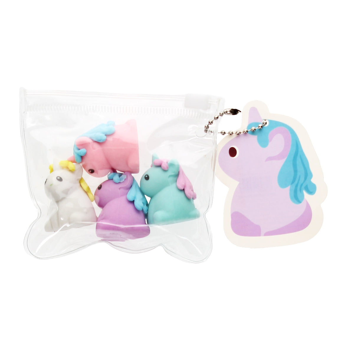 A transparent pouch containing colorful unicorn erasers in pink, blue, purple, and white, with a unicorn-shaped tag attached.