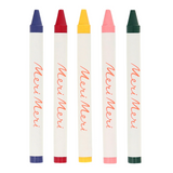 Contains a set of 5 wax crayons in baby pink, crimson, lemon yellow, cobalt and dark green, with printed protective covers.