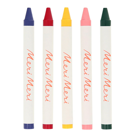 Contains a set of 5 wax crayons in baby pink, crimson, lemon yellow, cobalt and dark green, with printed protective covers.