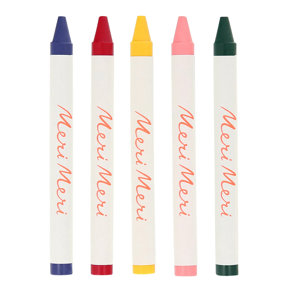 Contains a set of 5 wax crayons in baby pink, crimson, lemon yellow, cobalt and dark green, with printed protective covers.