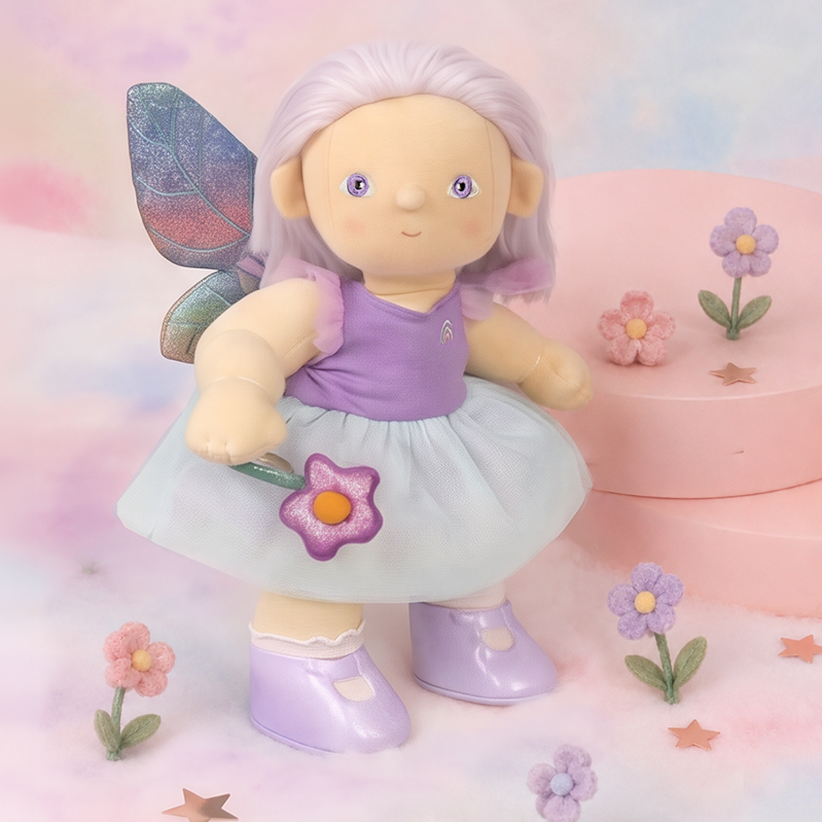 Plush fairy doll with purple hair, wings, and tulle skirt standing among pastel decorative flowers.