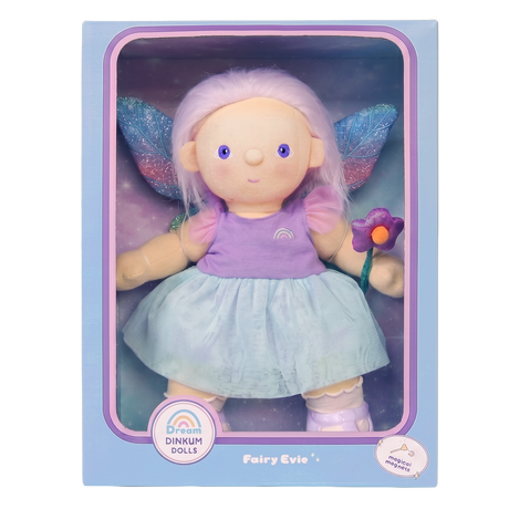 Fairy Evie Dream Dinkum Doll plush toy with wings in its original packaging box.