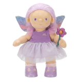 Purple fairy plush doll with glittery wings and tutu dress holding a flower.