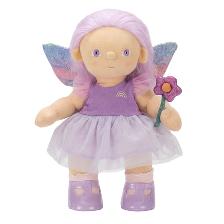 Purple fairy plush doll with glittery wings and tutu dress holding a flower.