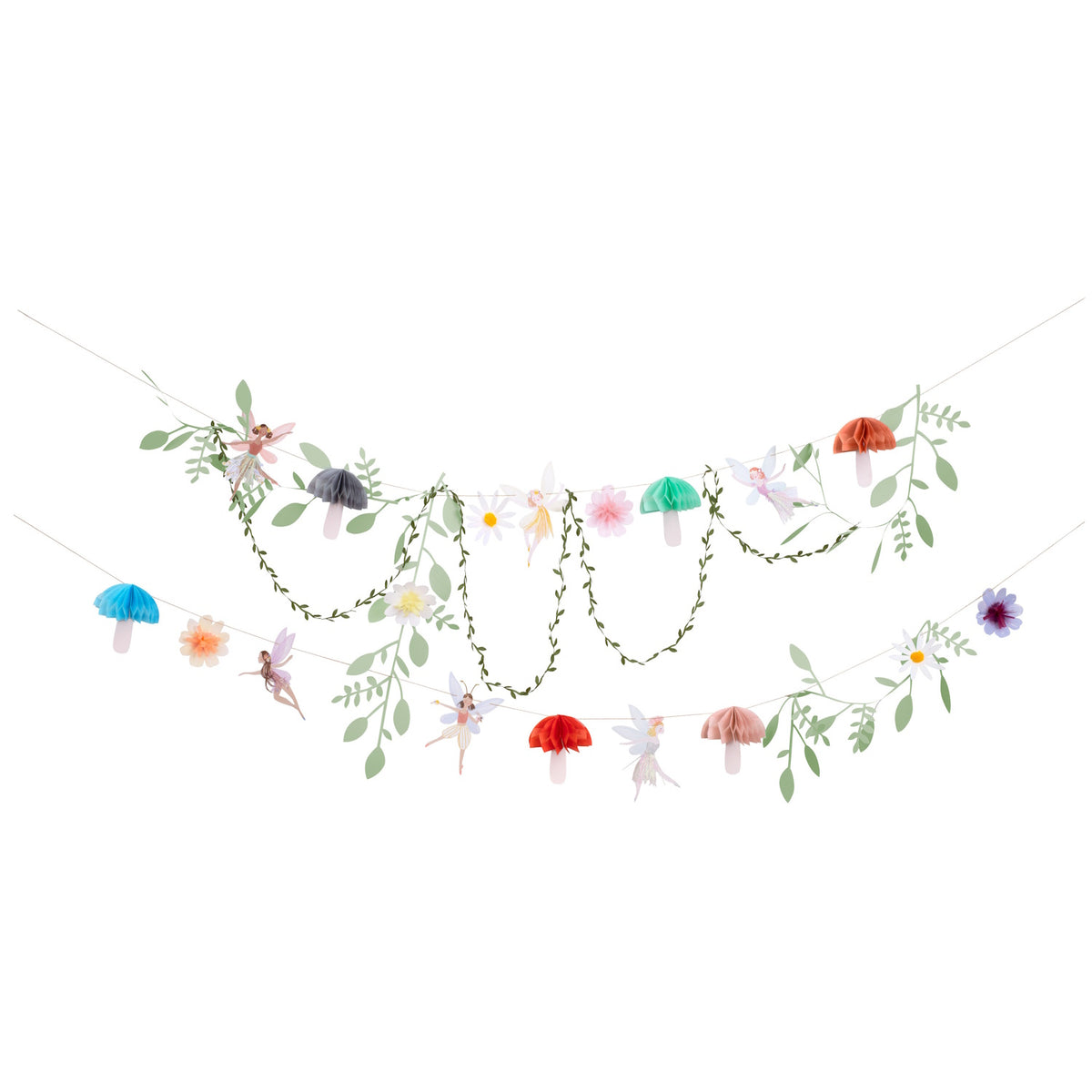Fairy themed party garland with tissue paper mushrooms, flowers, greenery leaves, and magical fairies.