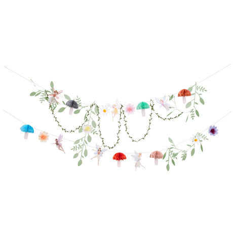 Fairy themed party garland with tissue paper mushrooms, flowers, greenery leaves, and magical fairies.