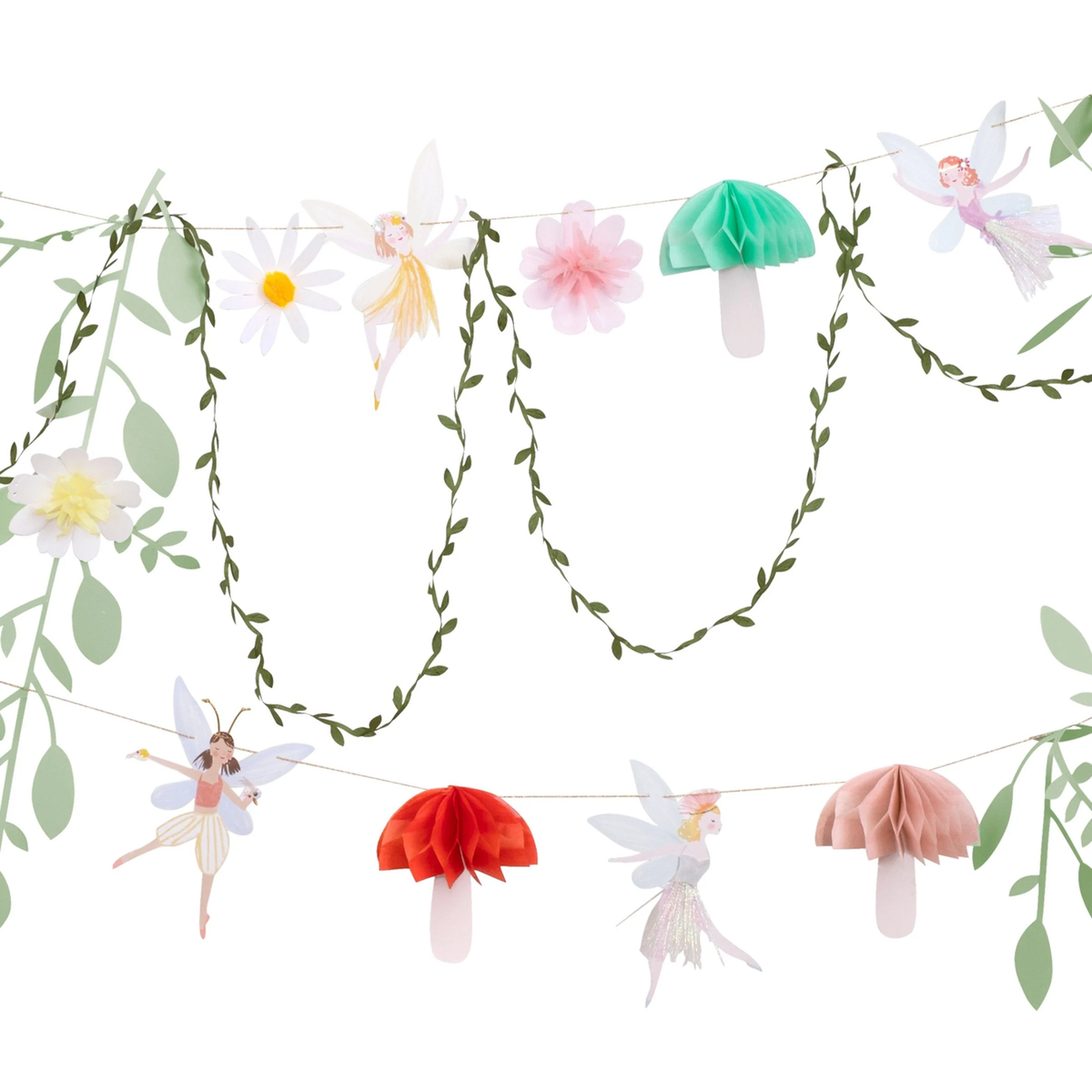 Close-up of a fairy party garland featuring paper cutouts of fairies, flowers, leaves, and mushrooms.
