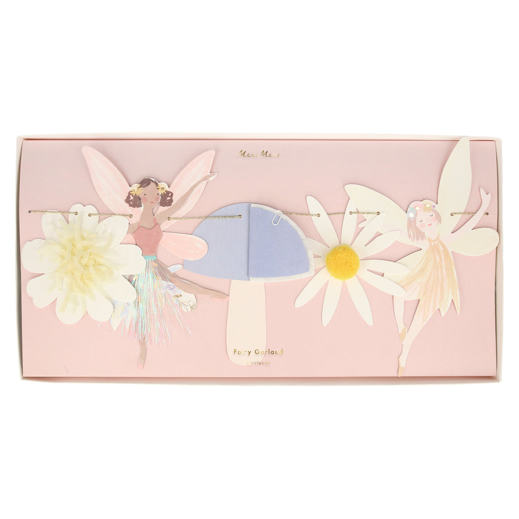 A whimsical decoration featuring illustrated fairy characters, flowers, and mushrooms, perfect for magical-themed parties or bedrooms.
