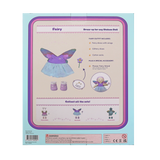 Back packaging of a Dinkum Doll fairy dress-up outfit set with wings, shoes, and a wand accessory.