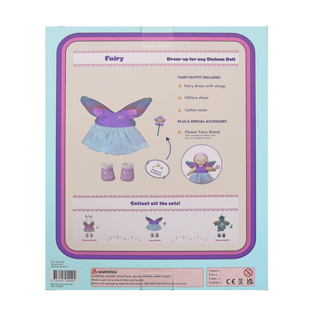 Back packaging of a Dinkum Doll fairy dress-up outfit set with wings, shoes, and a wand accessory.