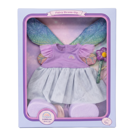 Dream Dinkum Dolls Fairy Dress-Up outfit set with wings, dress, and wand in packaging box.
