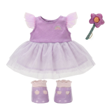 Purple fairy doll outfit set with rainbow dress, tulle skirt, shoes, and flower wand.