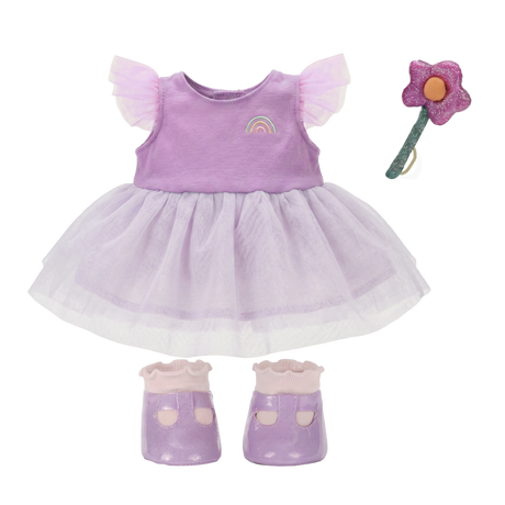 Purple fairy doll outfit set with rainbow dress, tulle skirt, shoes, and flower wand.